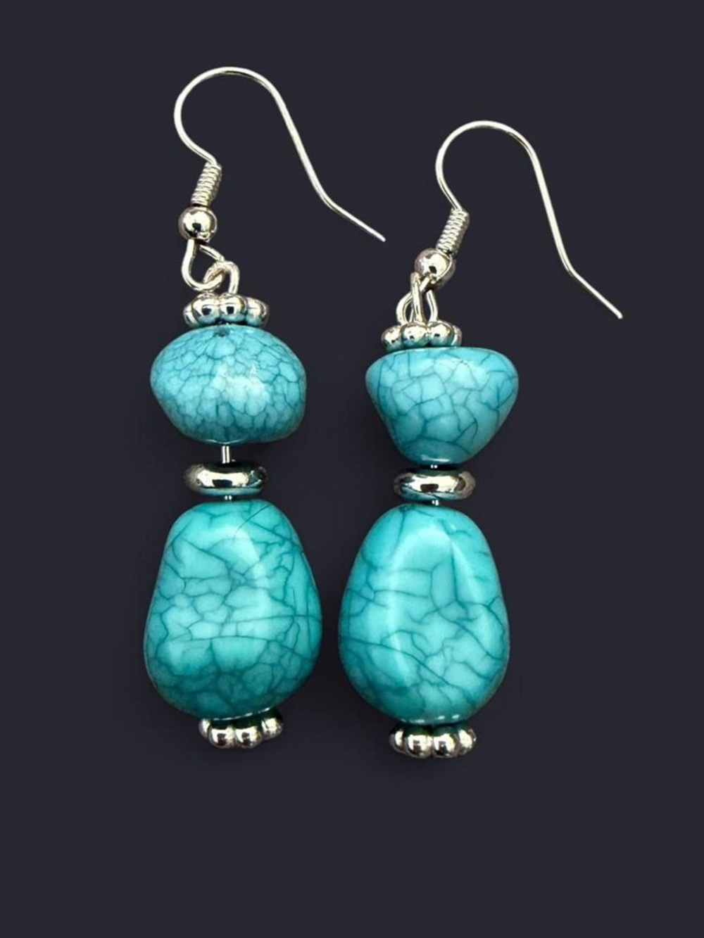 Handmade Boho Marbled Turquoise Dangle Earrings ✨ - Picture 2 of 6